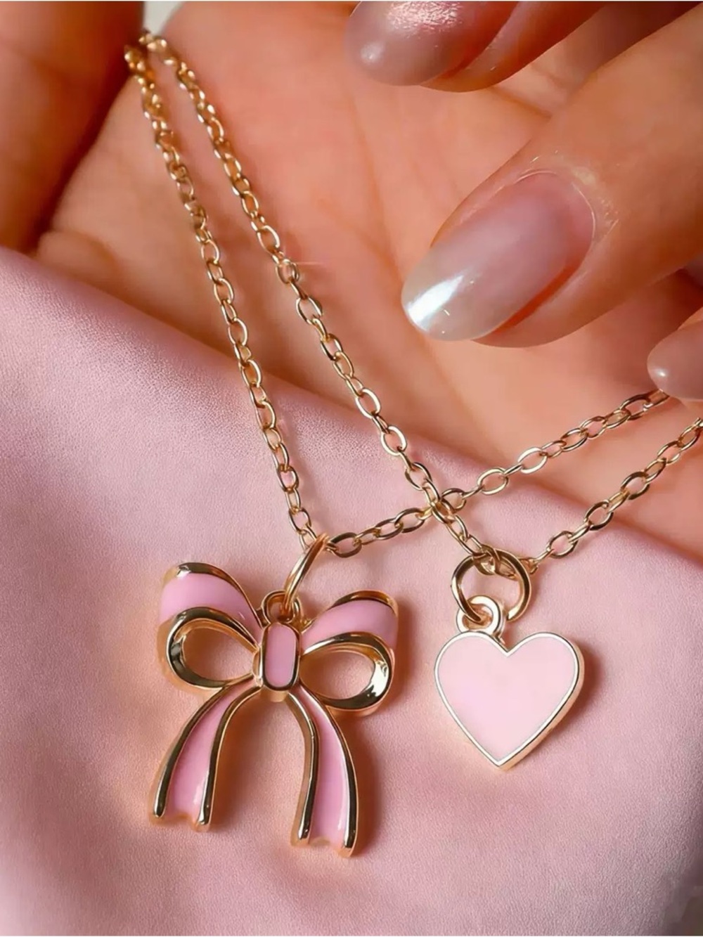 Anthropologie Gold-Tone Pink Bow & Heart Pendant Necklace Duo